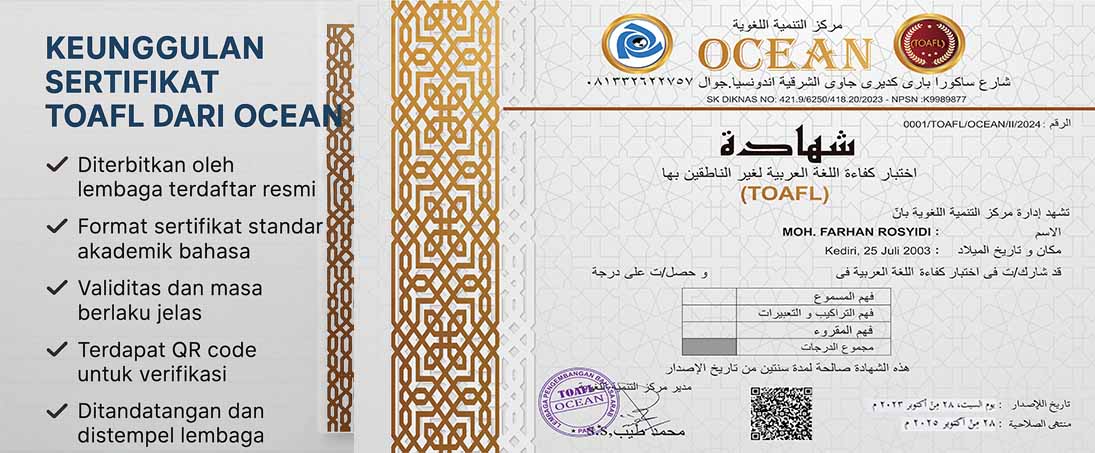 Contoh sertifikat tes TOAFL Bahasa Arab LKP Ocean